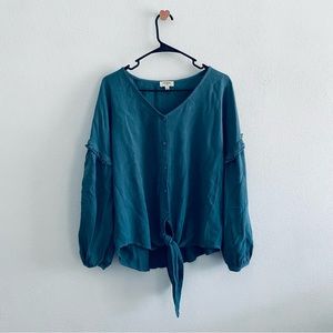 Umgee teal tie front ruffle sleeve blouse